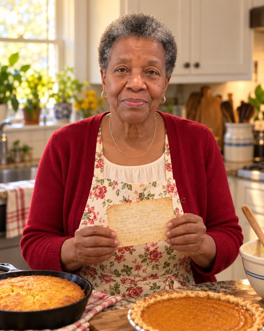 Bernice in her kitchen holding an old recipe card